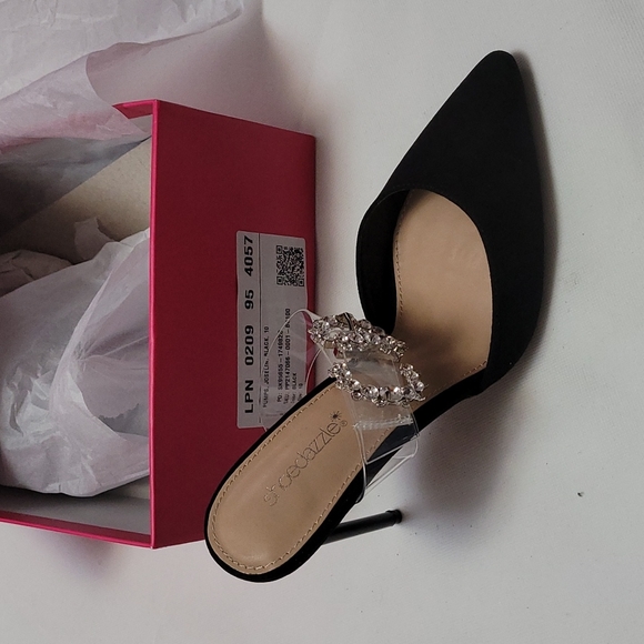 #NWT-SIZE 10 BLACK FAUX SUEDE POINTED TOE CLEAR STRAP STILETTO HEEL - Picture 4 of 8